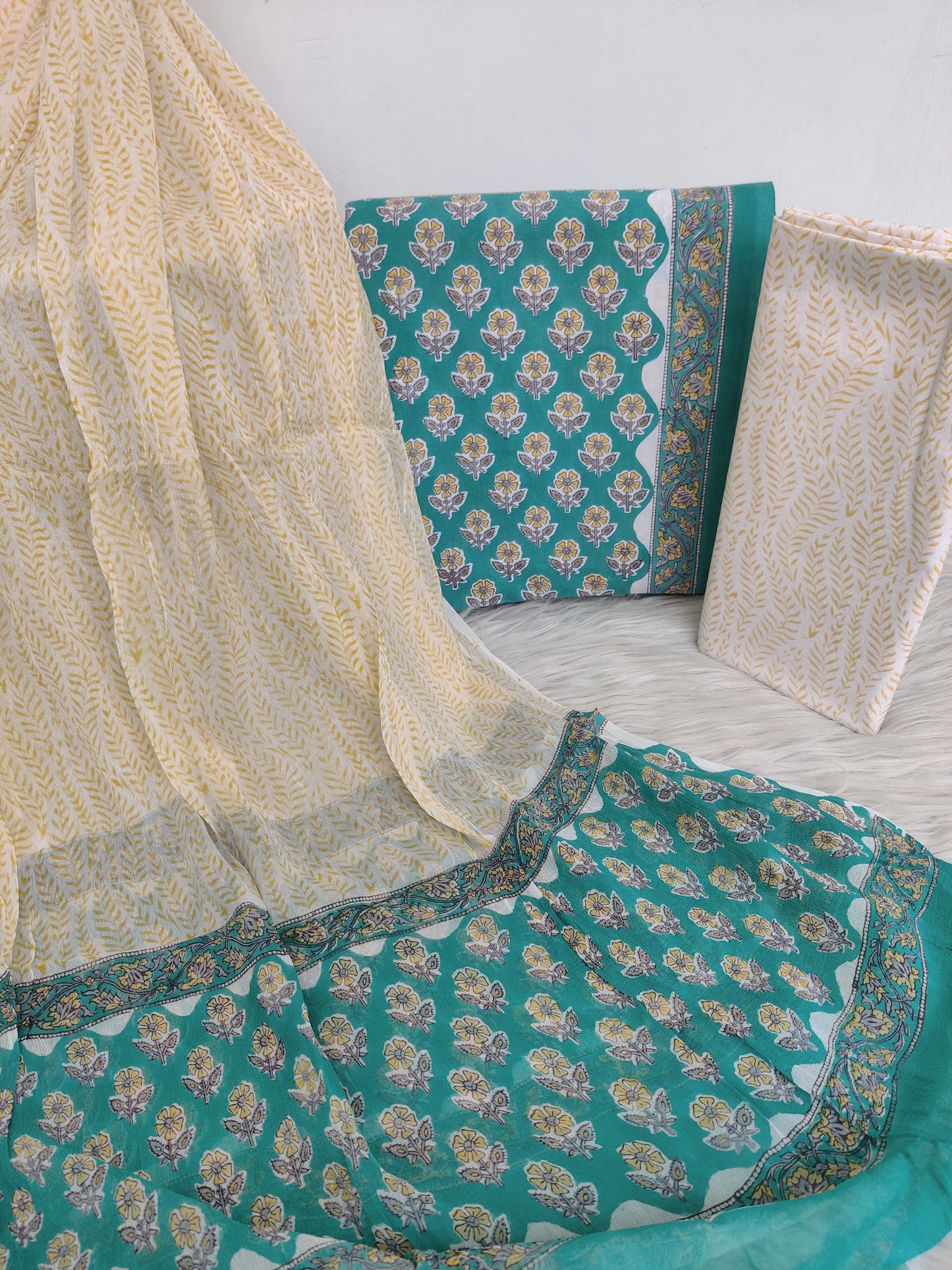 HAND BLOCK PRINTED COTTON SUIT WITH PURE CHIFFON DUPATTA