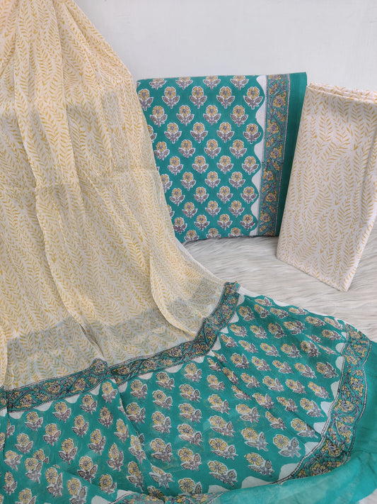 HAND BLOCK PRINTED COTTON SUIT WITH PURE CHIFFON DUPATTA