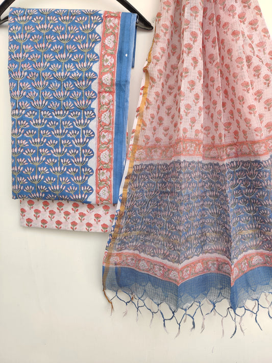 Hand Block Printed Cotton Suit with Cotton Kota Doria dupatta