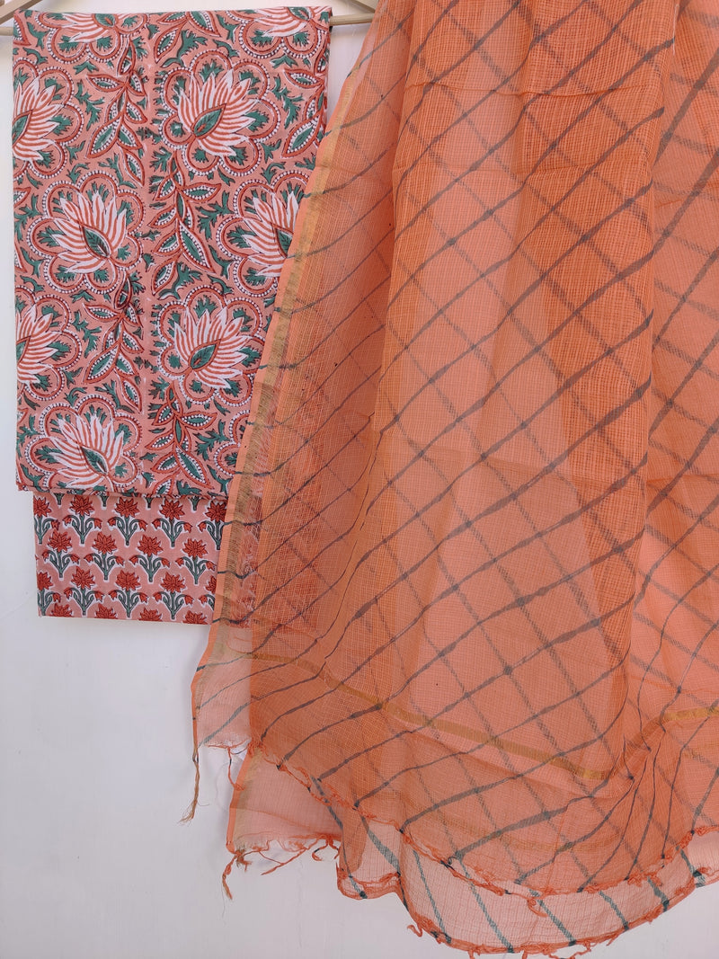 BLOCK PRINTED COTTON SUIT WITH LEHRIYA KOTA DORIA DUPATTA