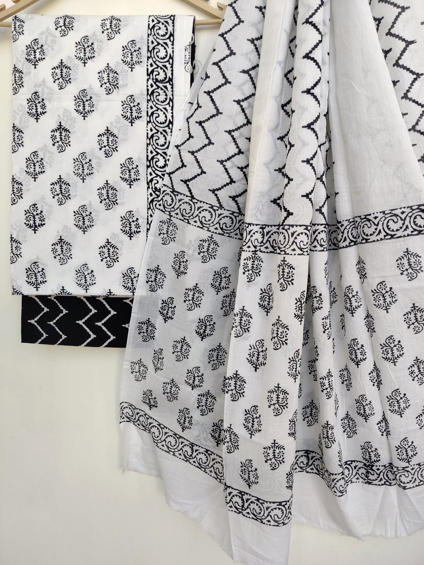 (BLACK & WHITE) Block Printed Cotton Suit with Mulmul dupatta