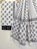 (BLACK & WHITE) Block Printed Cotton Suit with Mulmul dupatta