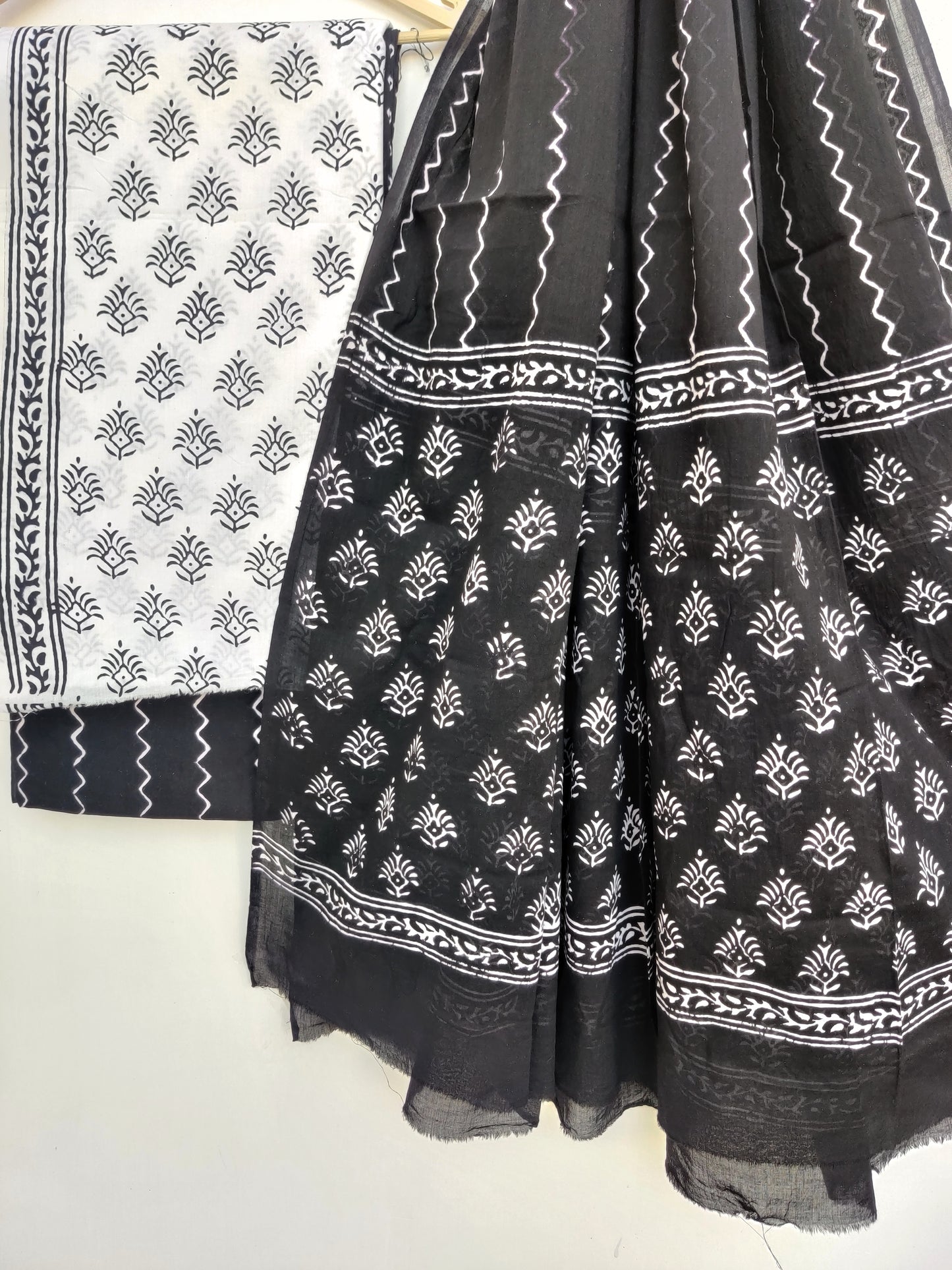 (BLACK & WHITE) Block Printed Cotton Suit with Mulmul dupatta