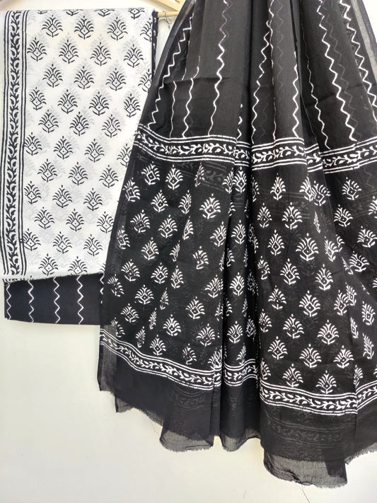(BLACK & WHITE) Block Printed Cotton Suit with Mulmul dupatta