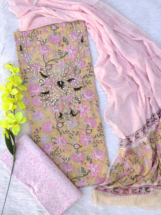 FLORAL PRINTED COTTON GOTA PATTI SUIT WITH CHIFFON DUPATTA