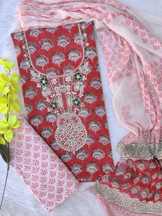FLORAL PRINTED COTTON GOTA PATTI SUIT WITH CHIFFON DUPATTA