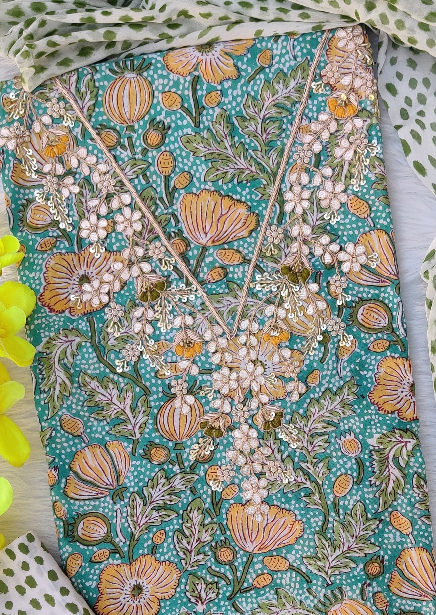 FLORAL PRINTED COTTON GOTA PATTI SUIT WITH CHIFFON DUPATTA