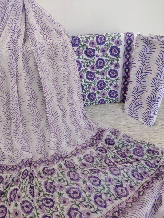 Hand Block Printed Cotton Suit with Pure Chiffon dupatta