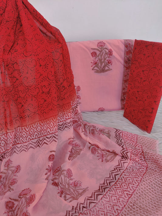 Hand Block Printed Cotton Suit with Pure Chiffon dupatta