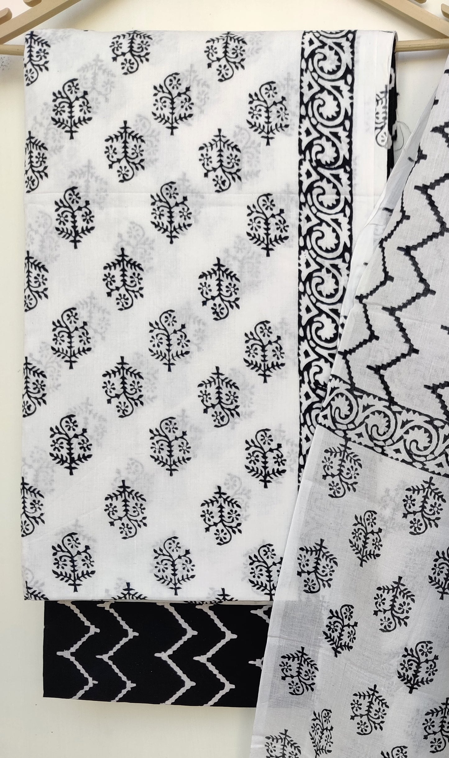 (BLACK & WHITE) Block Printed Cotton Suit with Mulmul dupatta