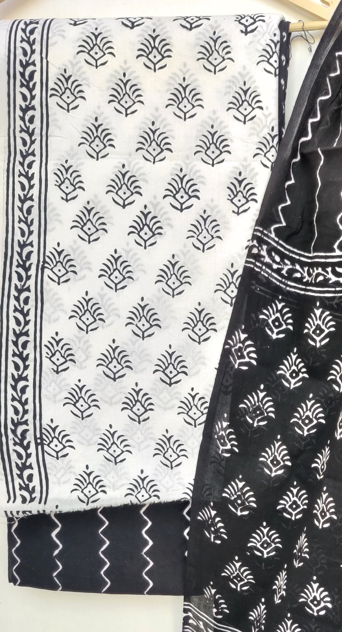 (BLACK & WHITE) Block Printed Cotton Suit with Mulmul dupatta