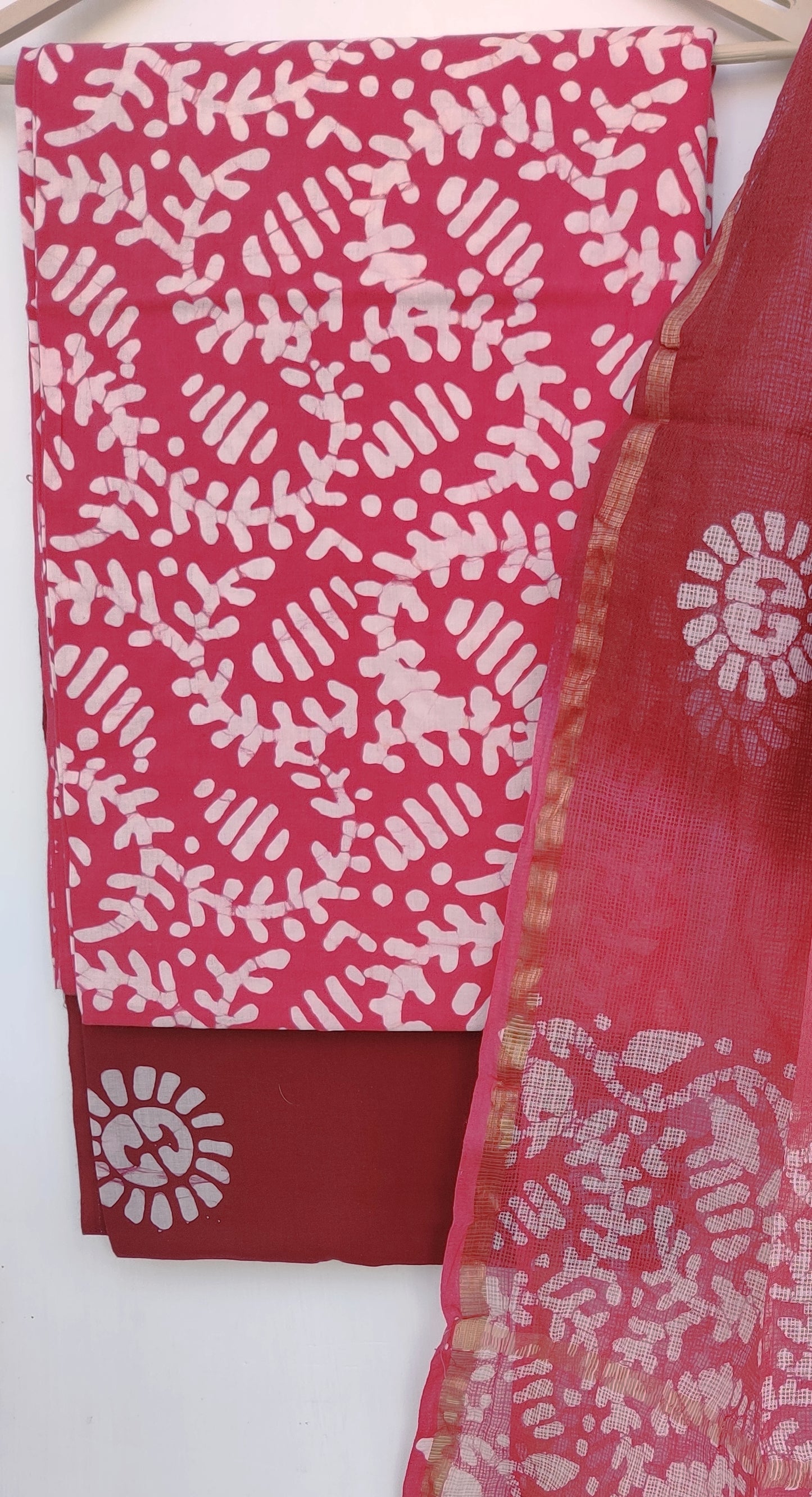 (BATIK) Hand Block Printed Cotton Suit with Cotton Kota Doria dupatta
