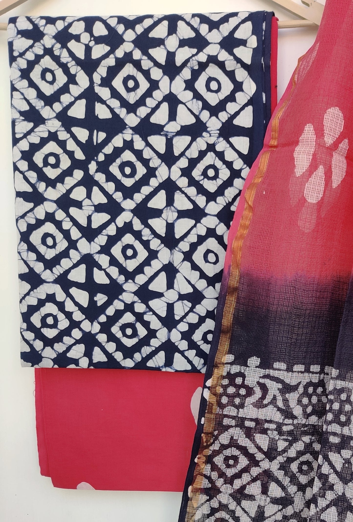 (BATIK) Hand Block Printed Cotton Suit with Cotton Kota Doria dupatta