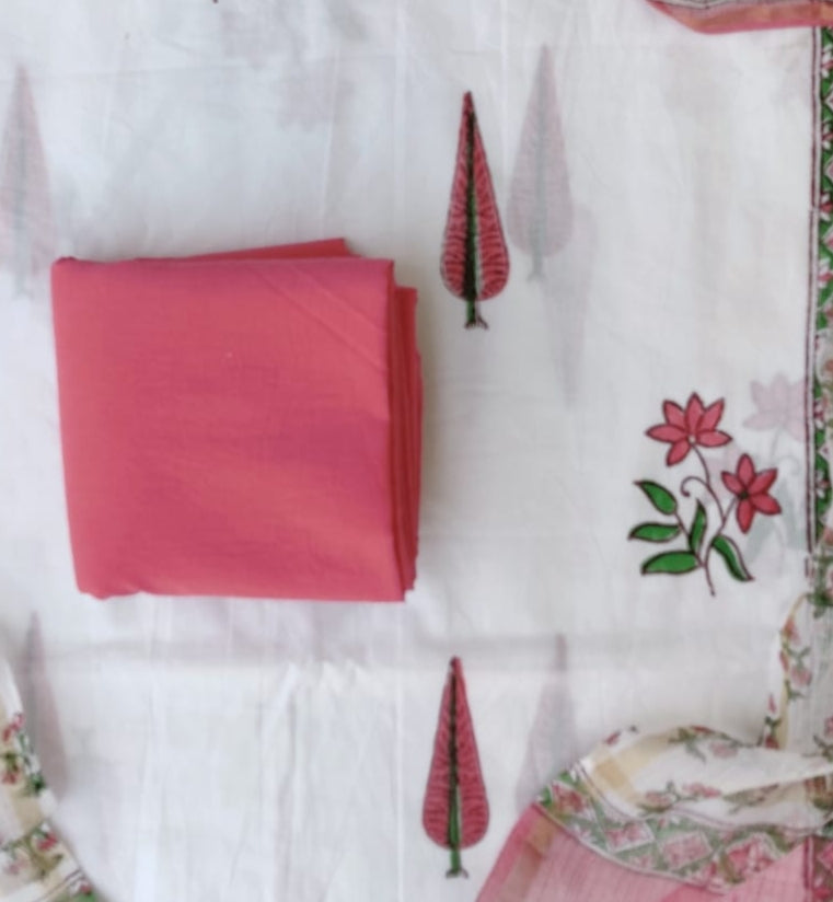 Hand Block Printed Cotton Suit with Cotton Kota Doria dupatta