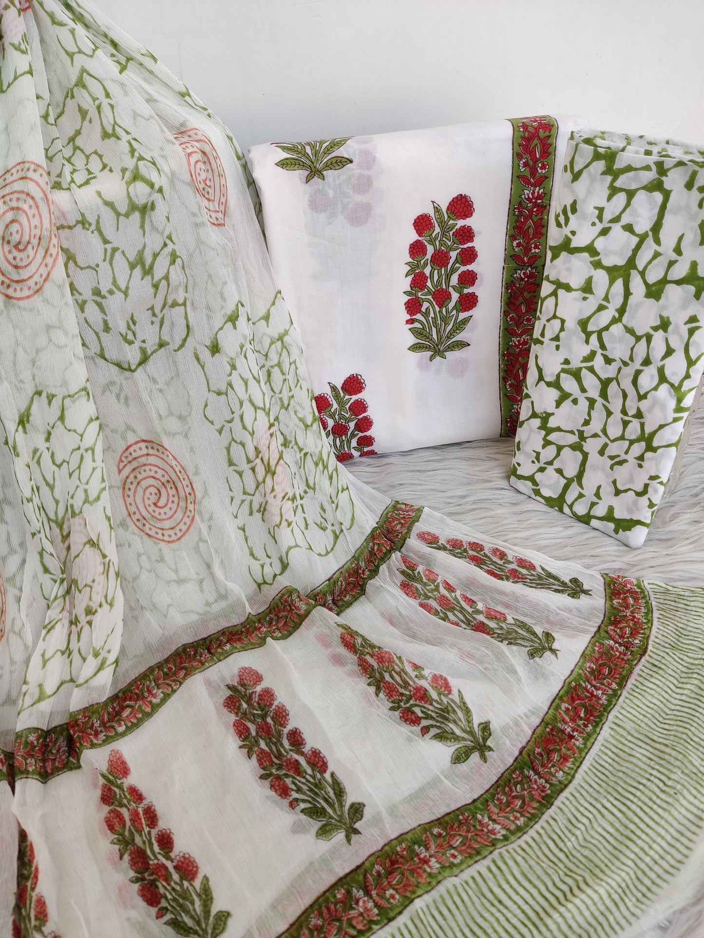 Hand Block Printed Cotton Suit with Pure Chiffon dupatta