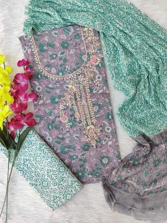 FLORAL PRINTED COTTON GOTA PATTI SUIT WITH CHIFFON DUPATTA