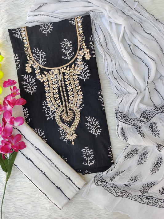 FLORAL PRINTED COTTON GOTA PATTI SUIT WITH CHIFFON DUPATTA