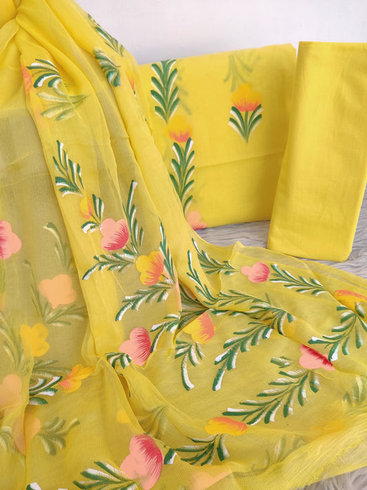 HAND PAINTED COTTON SUIT WITH PURE CHIFFON DUPATTA