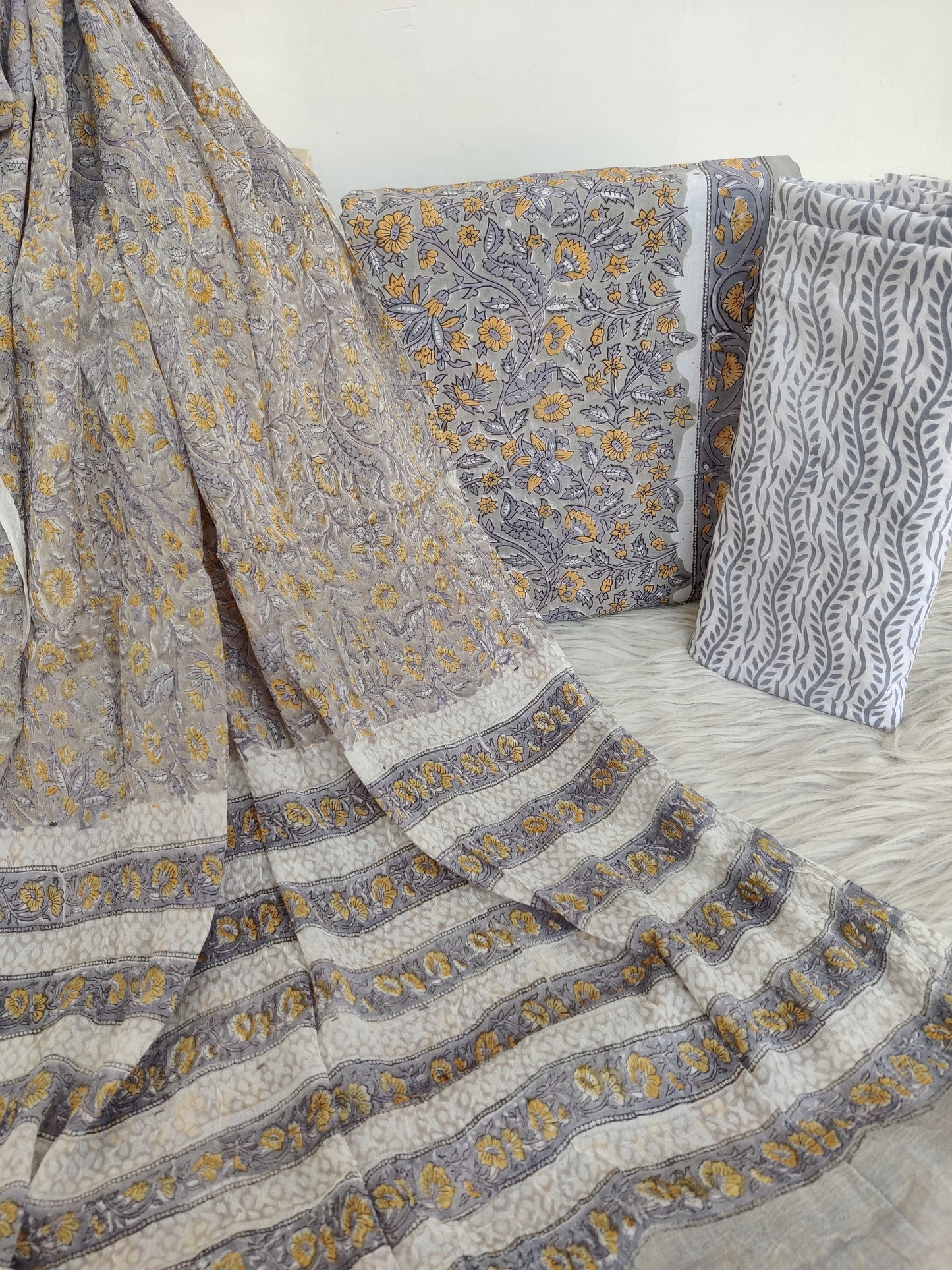 HAND BLOCK PRINTED COTTON SUIT WITH PURE CHIFFON DUPATTA