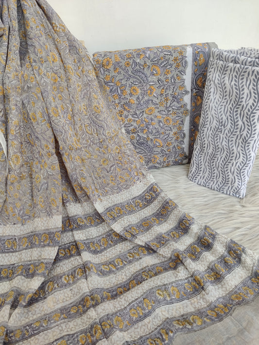 HAND BLOCK PRINTED COTTON SUIT WITH PURE CHIFFON DUPATTA
