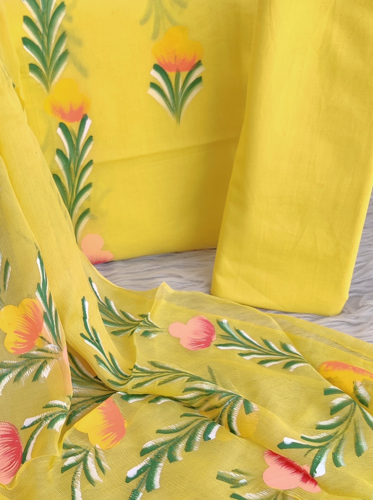 HAND PAINTED COTTON SUIT WITH PURE CHIFFON DUPATTA