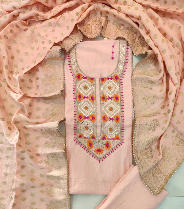 (SALE) COTTON CHANDERI NECK WORK SUITS WITH BRUSH BANARASI DUPATTA