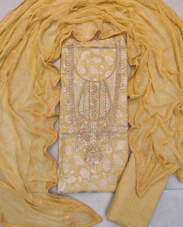 (SALE) COTTON CHANDERI NECK WORK SUITS WITH CHIFFON DUPATTA