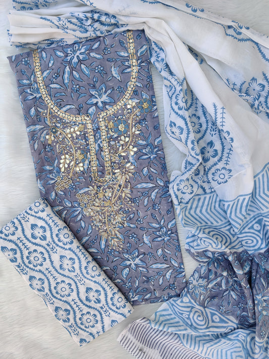 FLORAL PRINTED COTTON GOTA PATTI SUIT WITH COTTON DUPATTA