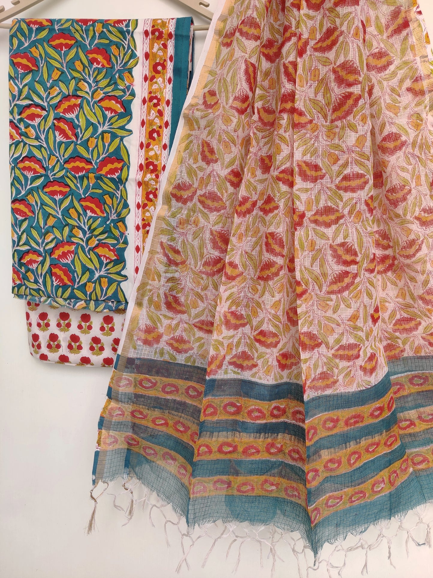 Hand Block Printed Cotton Suit with Cotton Kota Doria dupatta