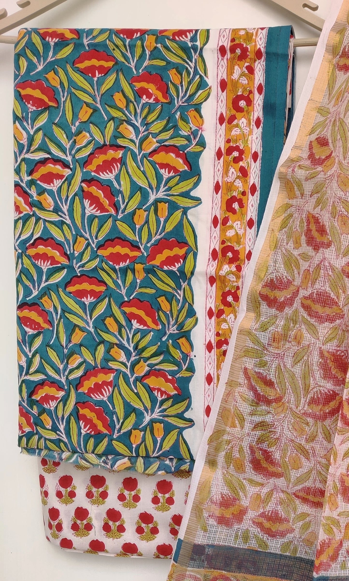 Hand Block Printed Cotton Suit with Cotton Kota Doria dupatta