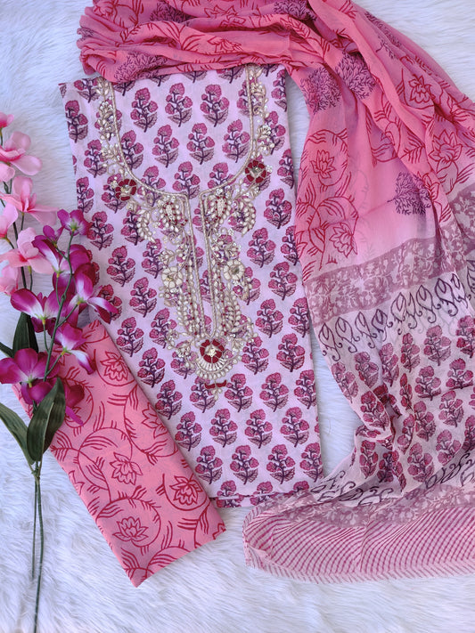 FLORAL PRINTED COTTON GOTA PATTI SUIT WITH CHIFFON DUPATTA