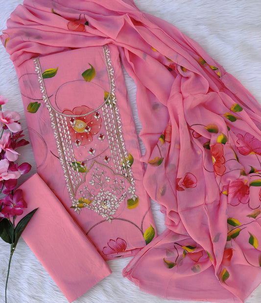 FLORAL PRINTED COTTON GOTA PATTI SUIT WITH CHIFFON DUPATTA