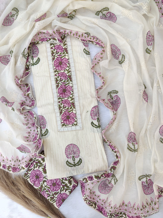 NEW LAUNCH            Exclusive Hand Block Printed Cotton Neck Work Suits with Embroidery mulmul Dupatta