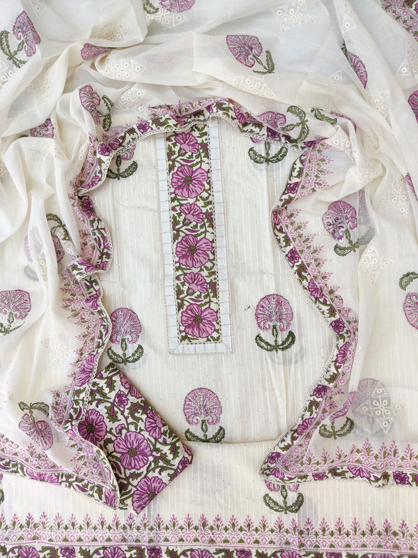 NEW LAUNCH            Exclusive Hand Block Printed Cotton Neck Work Suits with Embroidery mulmul Dupatta