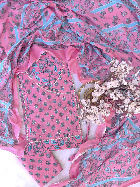 Exclusive Hand Block Cotton Printed Neck Work Suits with mulmul dupatta