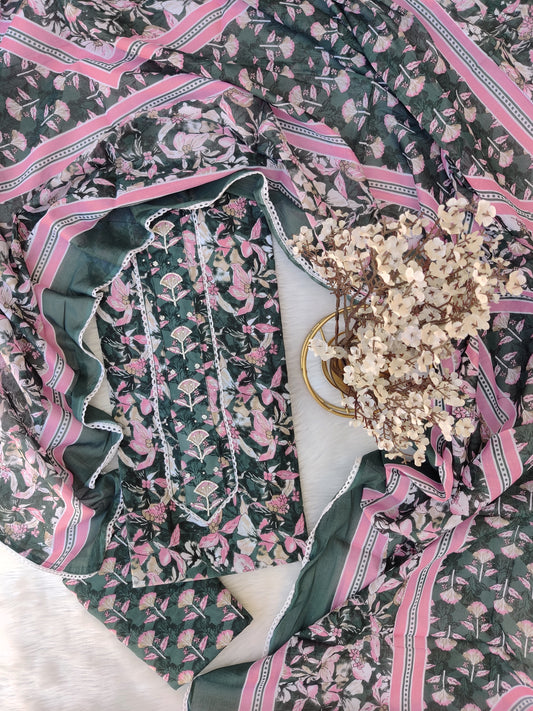 Exclusive Hand Block Cotton Printed Neck Work Suits with mulmul dupatta