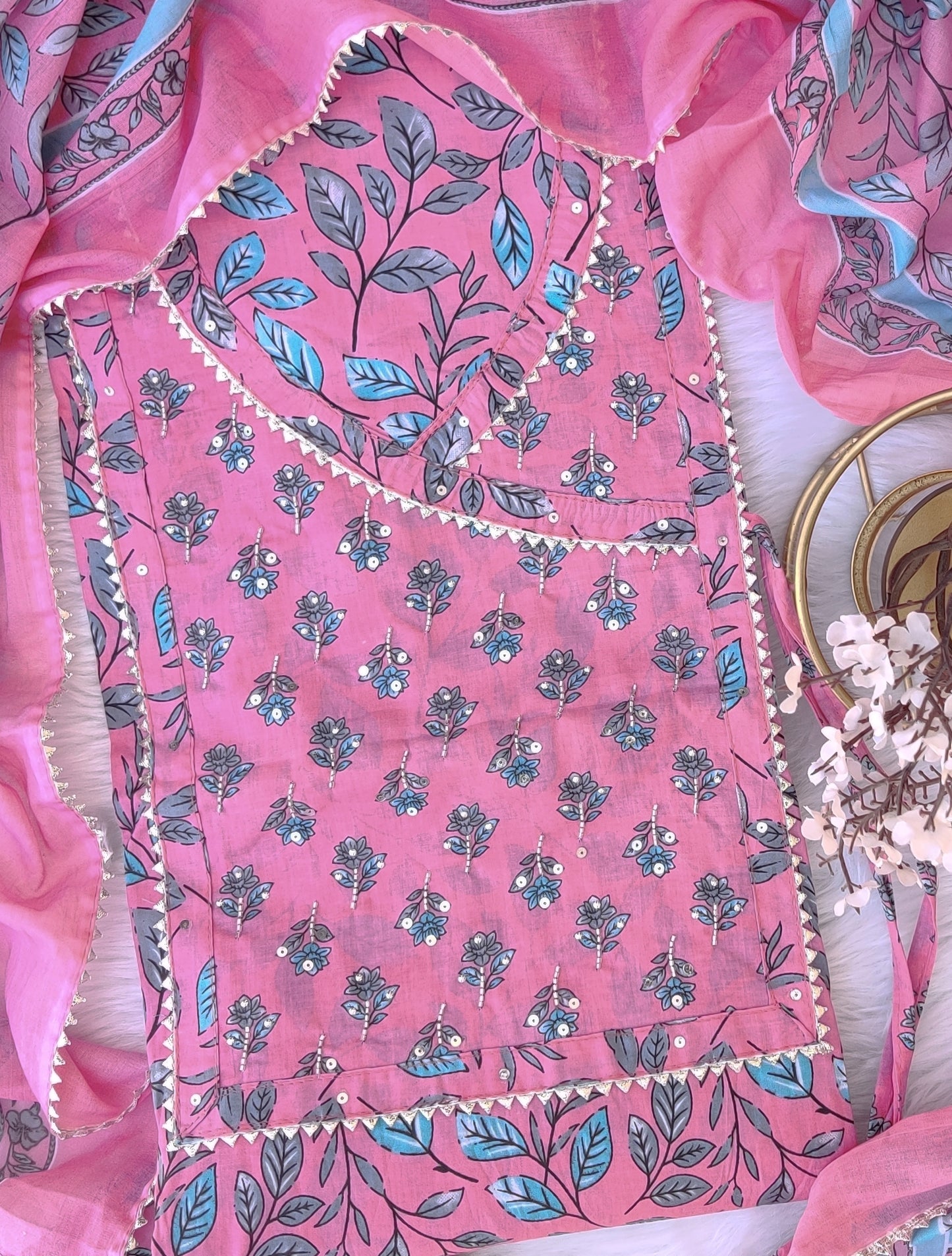 Exclusive Hand Block Cotton Printed Neck Work Suits with mulmul dupatta
