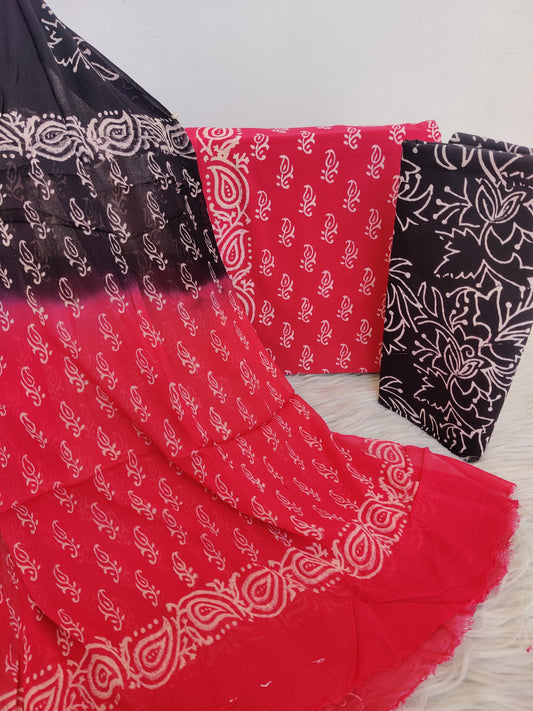 Hand Block Printed Cotton Suit with Pure Chiffon dupatta