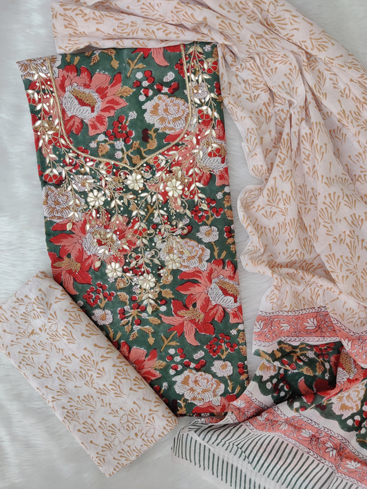 FLORAL PRINTED COTTON GOTA PATTI SUIT WITH COTTON DUPATTA