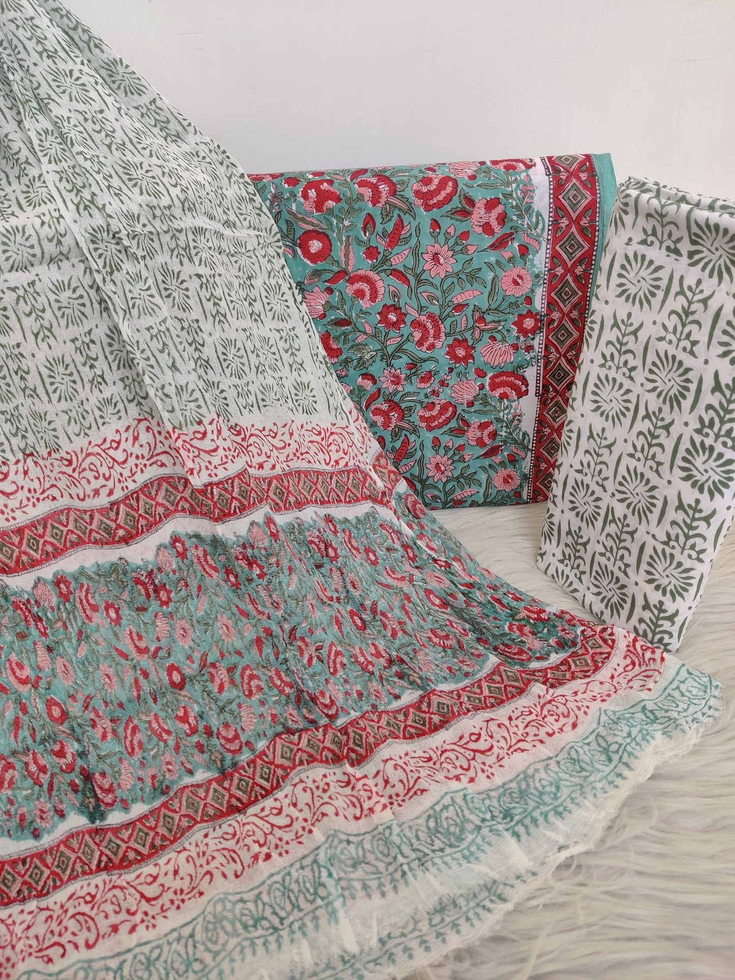 Hand Block Printed Cotton Suit with Pure Chiffon dupatta