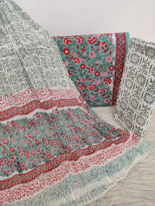Hand Block Printed Cotton Suit with Pure Chiffon dupatta