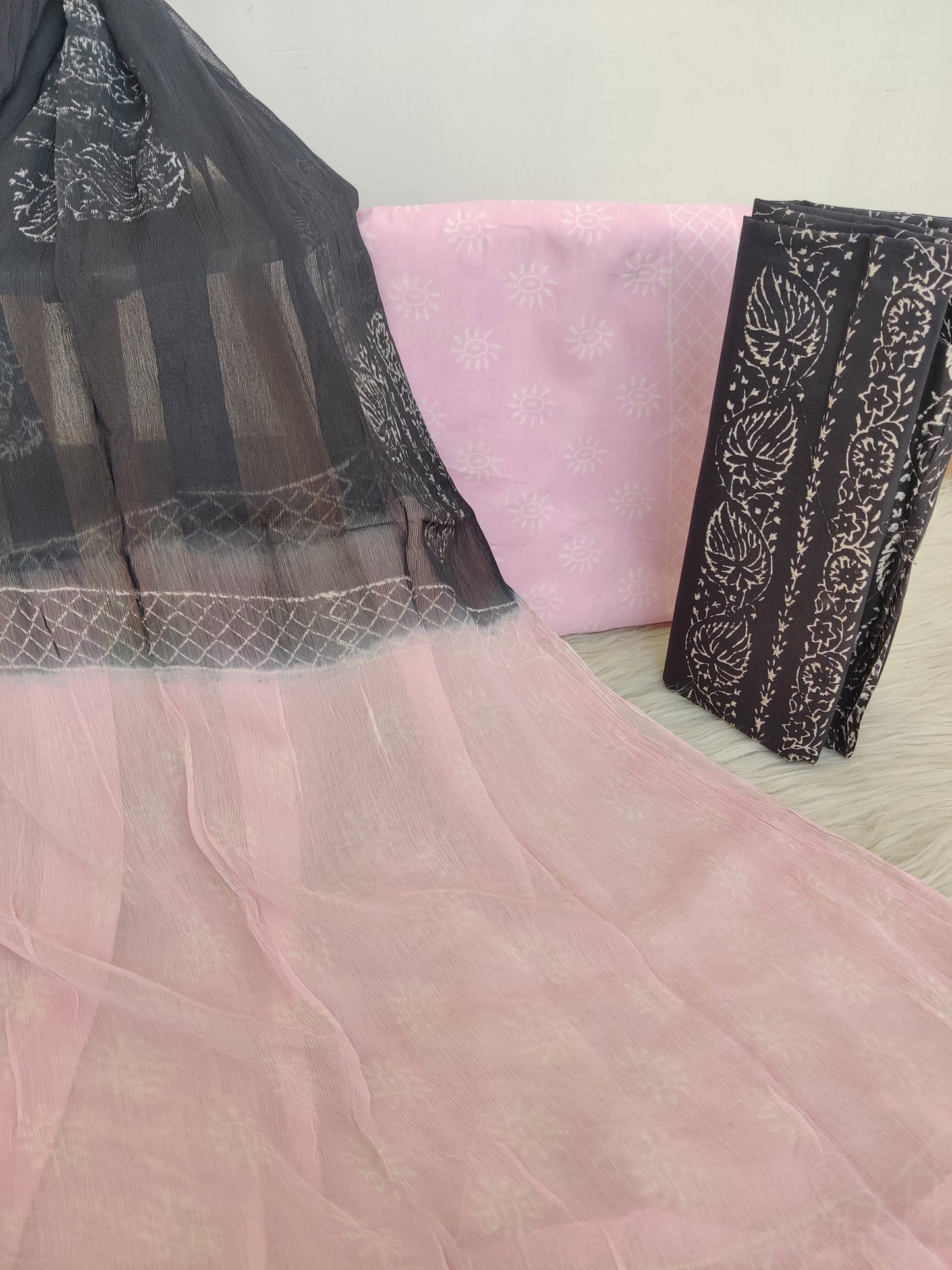 Hand Block Printed Cotton Suit with Pure Chiffon dupatta