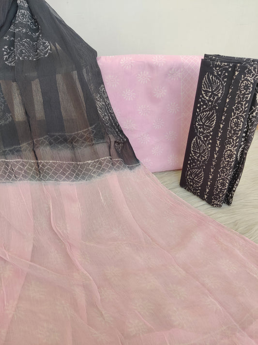 Hand Block Printed Cotton Suit with Pure Chiffon dupatta