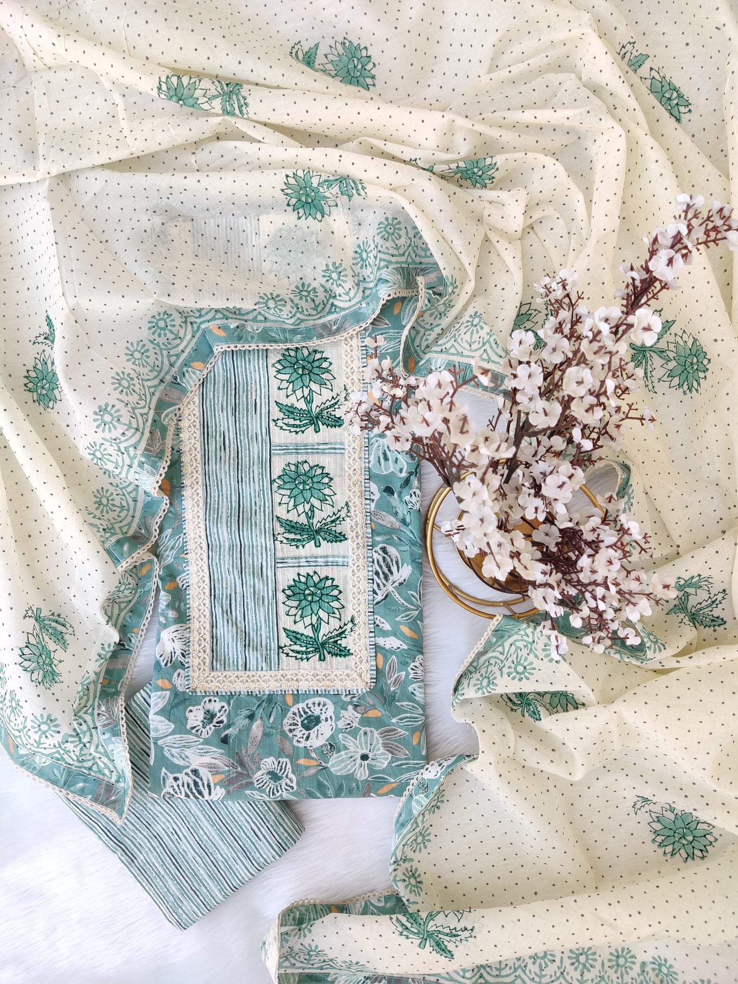 Exclusive Hand Block Cotton Printed Neck Work Suits with mulmul dupatta