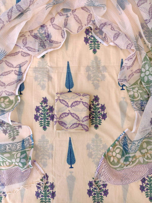 Hand Block Printed Cotton Suit with Cotton Kota Doria dupattaa