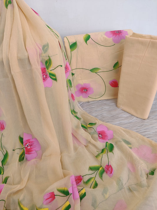 HAND PAINTED COTTON SUIT WITH PURE CHIFFON DUPATTA