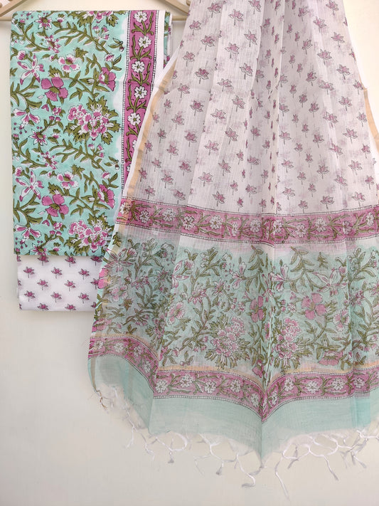 Hand Block Printed Cotton Suit with Cotton Kota Doria dupatta