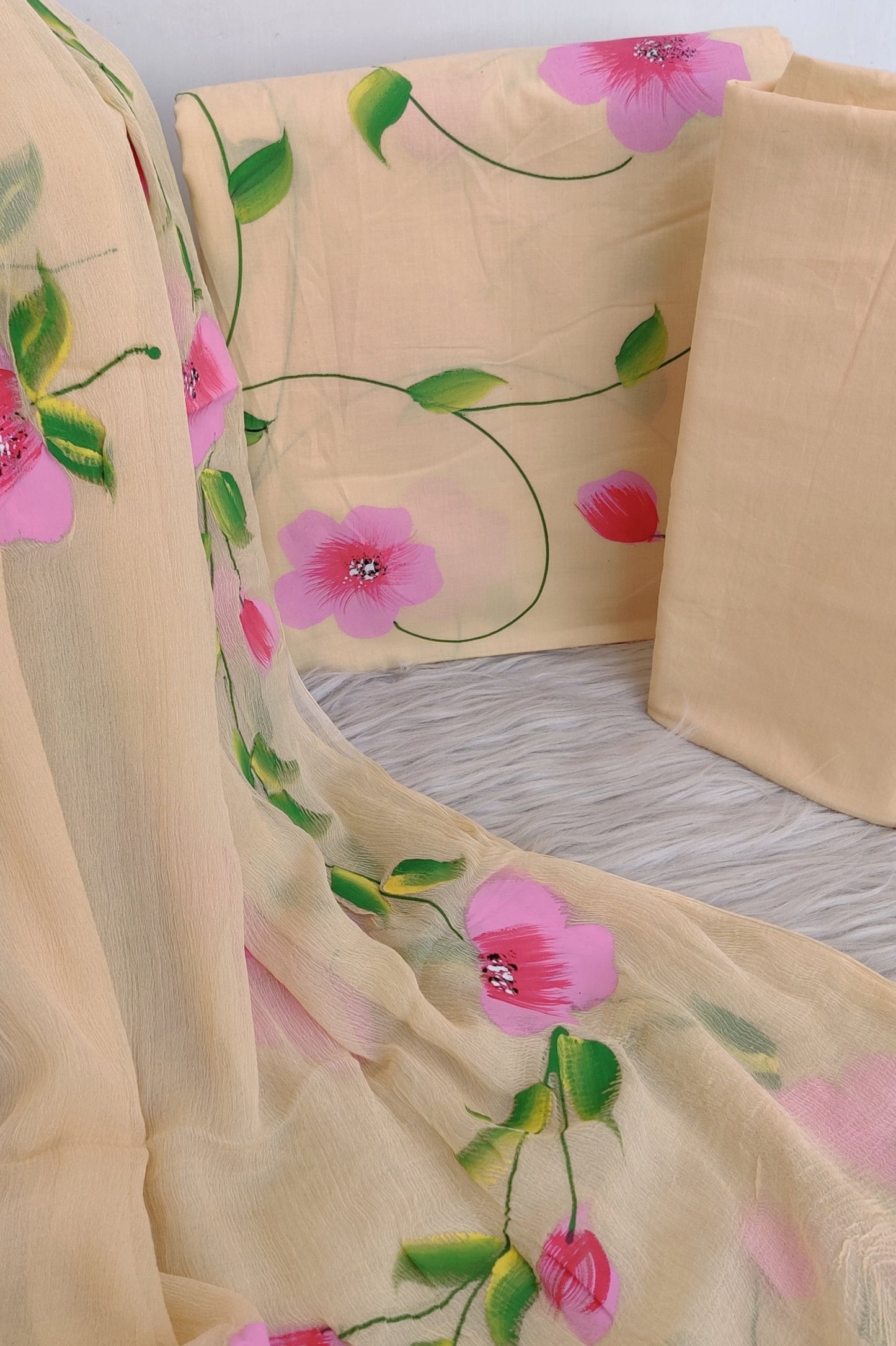 HAND PAINTED COTTON SUIT WITH PURE CHIFFON DUPATTA