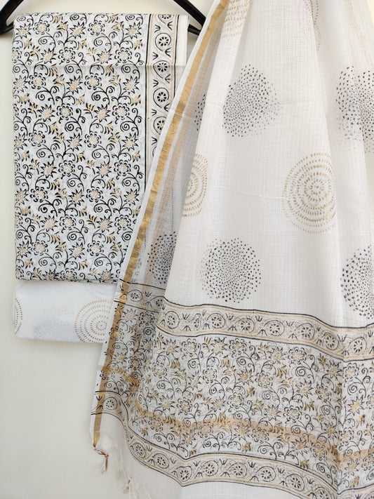 (Khadi Gold) Hand Block Printed Cotton Suit with Cotton Kota Doria dupatta