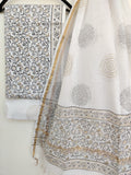 (Khadi Gold) Hand Block Printed Cotton Suit with Cotton Kota Doria dupatta